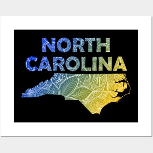 Colorful mandala art map of North Carolina with text in blue and yellow Posters and Art